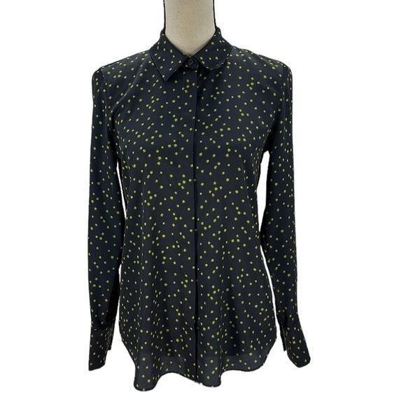 Lafayette 148 New York Scottie Painterly Dots Button Up Blouse- Black Green - XS - Picture 1 of 12